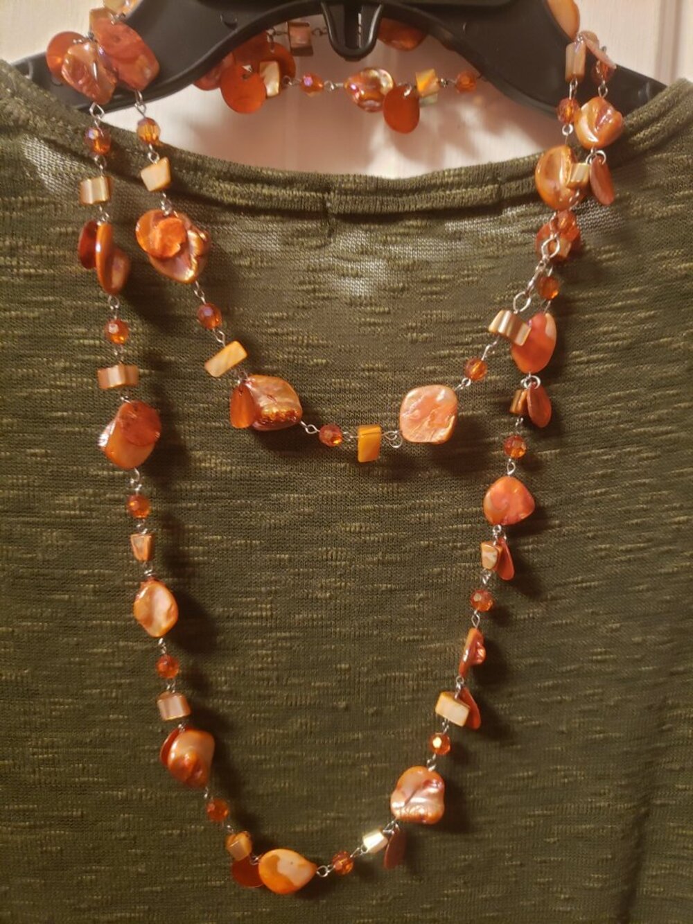 Mother of pearl seashell dyed orange nugget Necklace.